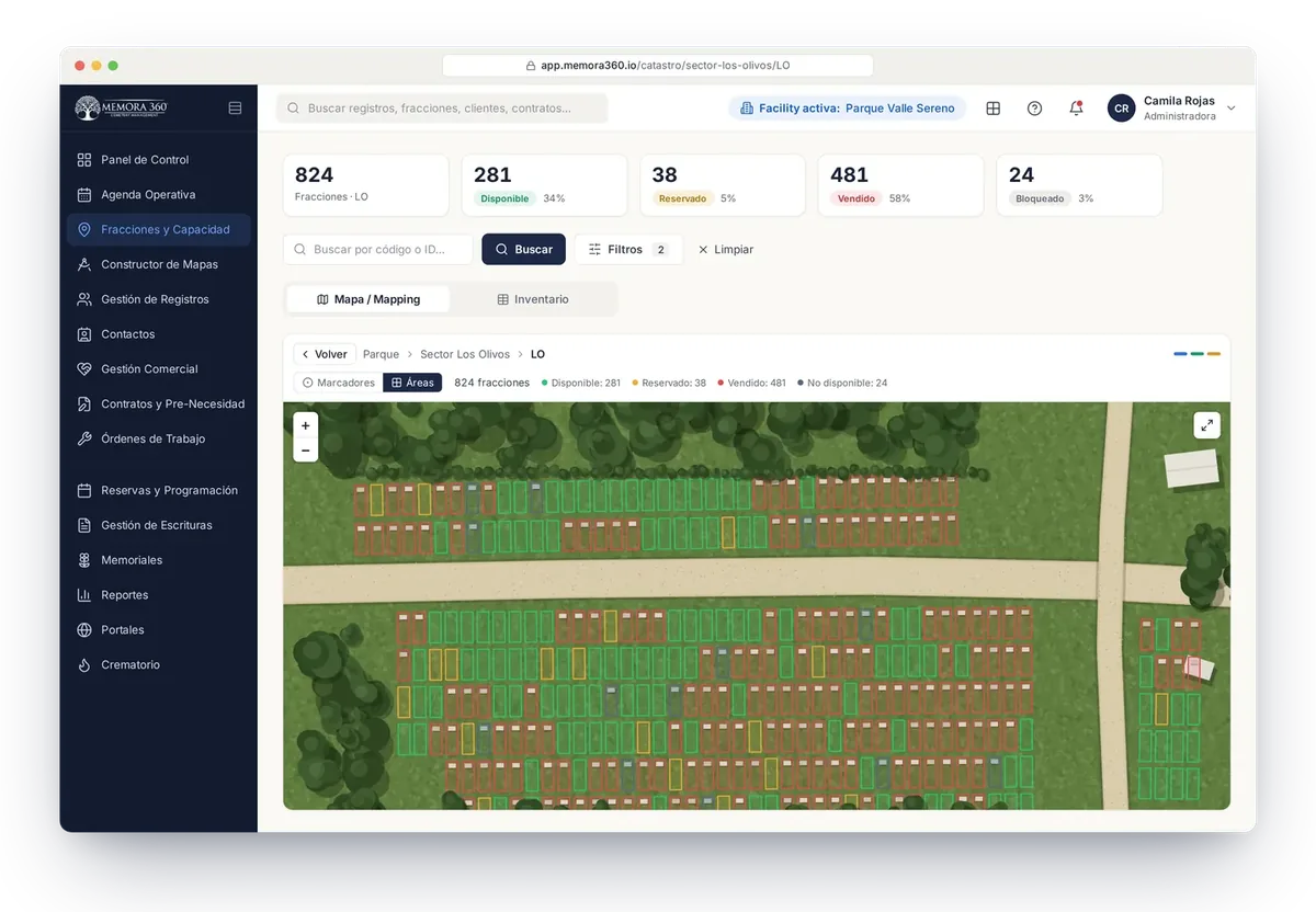 Catastro de MEMORA360: mapa aéreo del parque con cada fracción marcada por estado —disponible, reservada, vendida u ocupada— y los contadores de inventario.