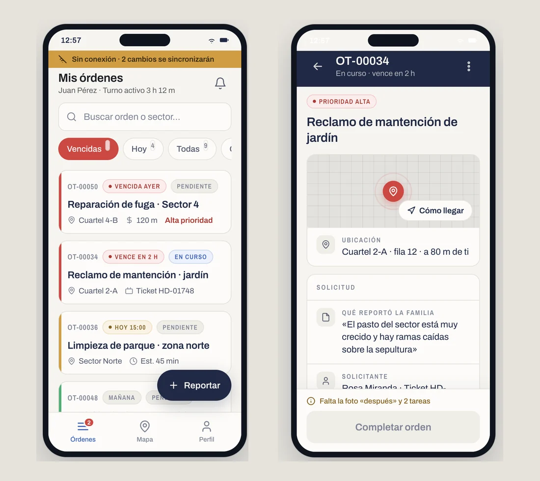 Aplicación de terreno de MEMORA360 en dos pantallas de teléfono: el listado de órdenes con estado, prioridad y aviso de trabajo sin conexión, y el detalle de una orden con su ubicación, lo que reportó la familia y el cierre pendiente de evidencia.