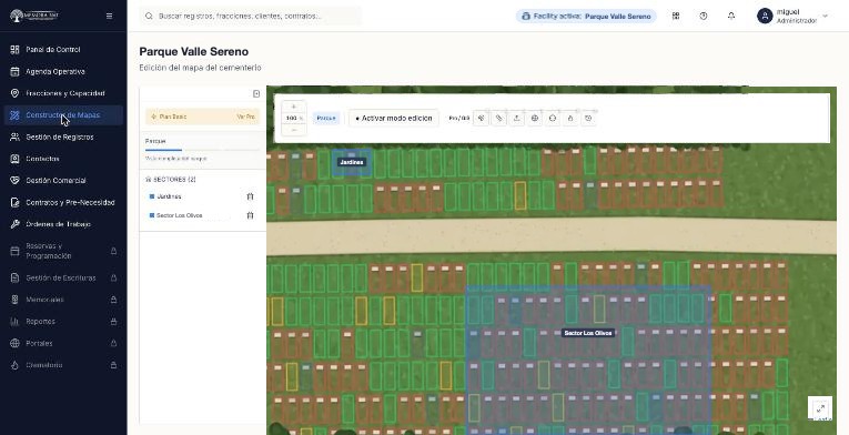 Constructor de mapas de MEMORA360 con el plano de un parque sobre el mapa base del recinto