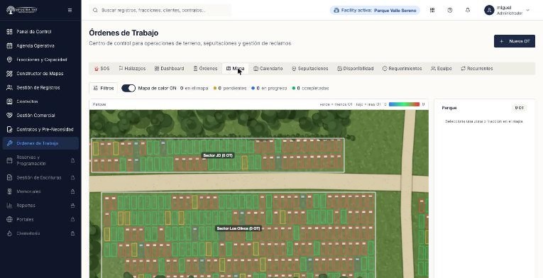 Mapa de órdenes de trabajo de MEMORA360: trabajos ubicados sobre el catastro del parque.