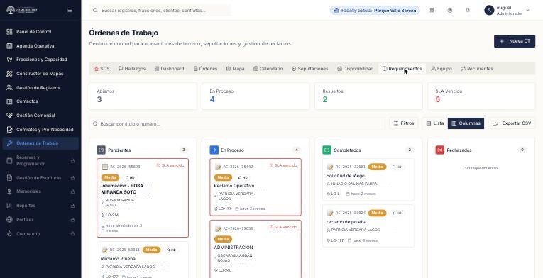 Requerimientos vinculados a órdenes de trabajo en MEMORA360.