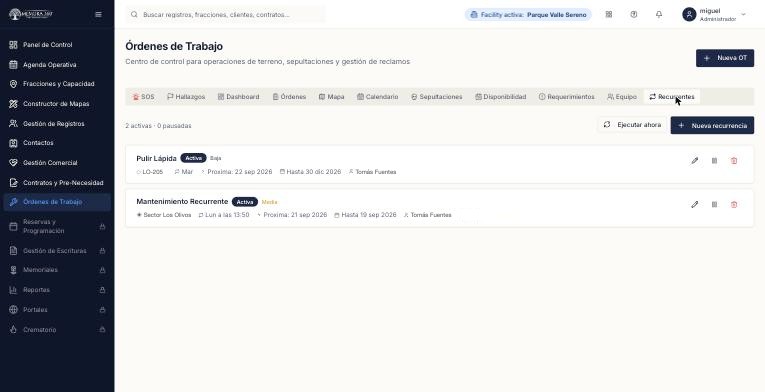 Órdenes de trabajo recurrentes de MEMORA360: servicios programados por periodicidad.